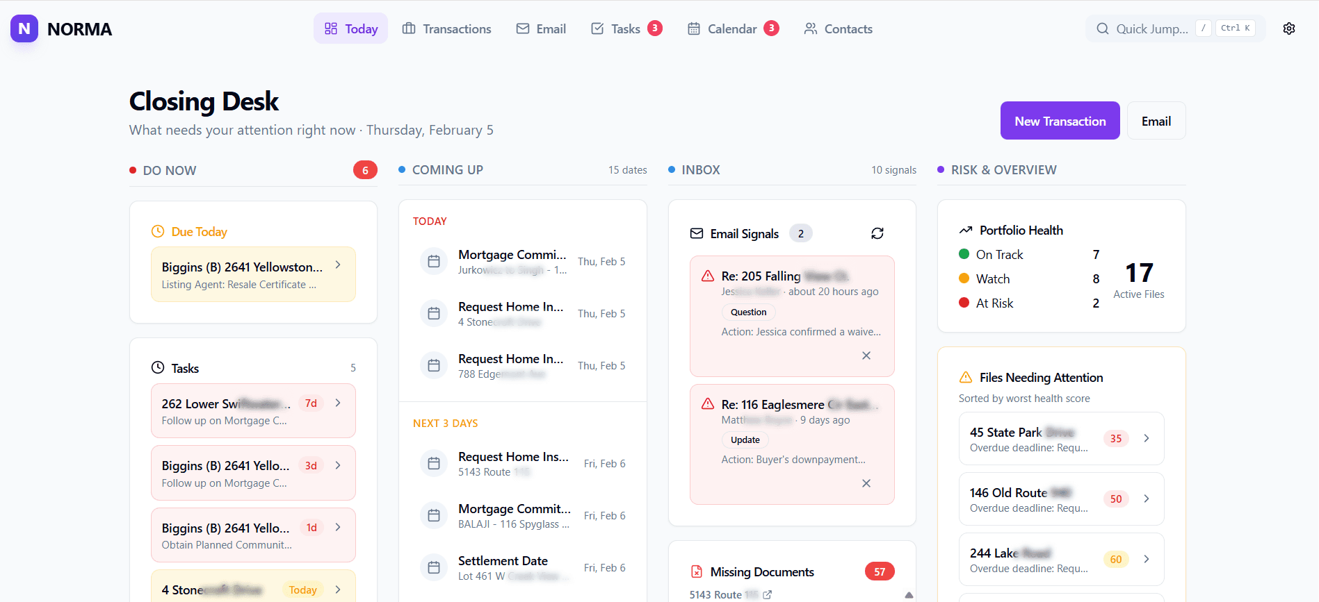Norma Closing Desk — your daily command center for every active transaction