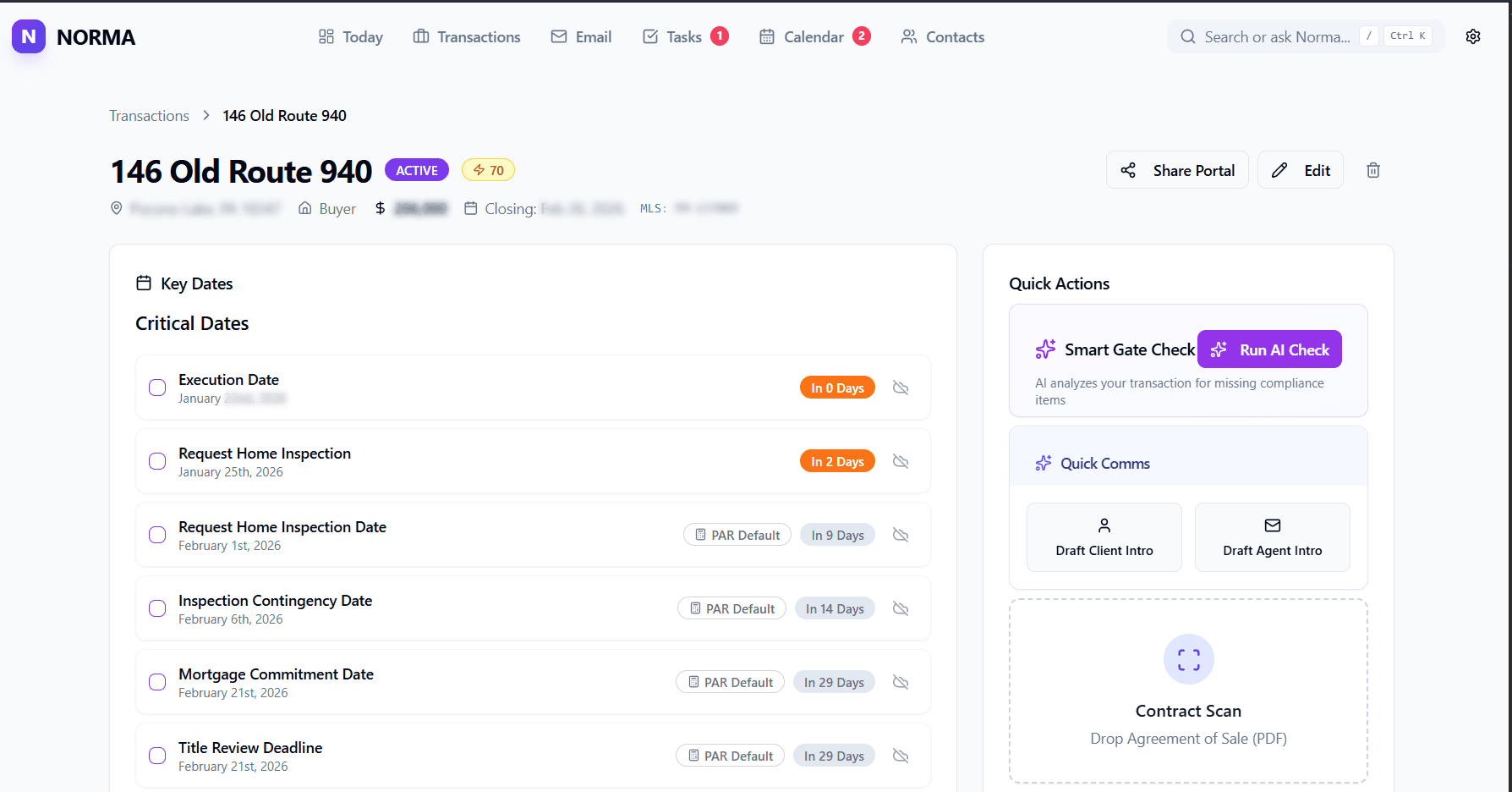 Norma transaction view showing checklist, key dates, and related items.